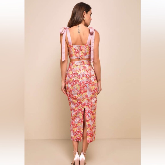 Lulus || Ellarina Pink Multi Metallic Tie-strap Two-piece Midi Dress - Picture 3 of 16